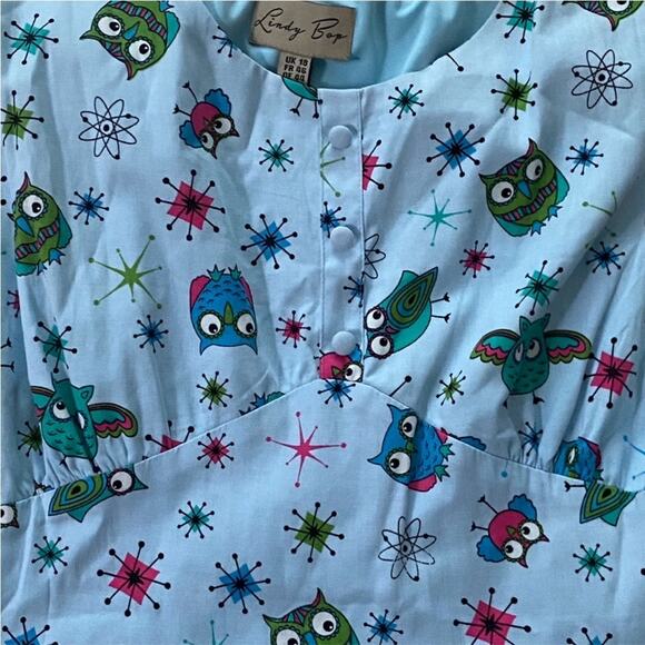 Lindy Bop UK 14 Dress Retro Plus 50s Pinup Cotton Stretch RARE Atomic Owls 40s - Picture 10 of 11